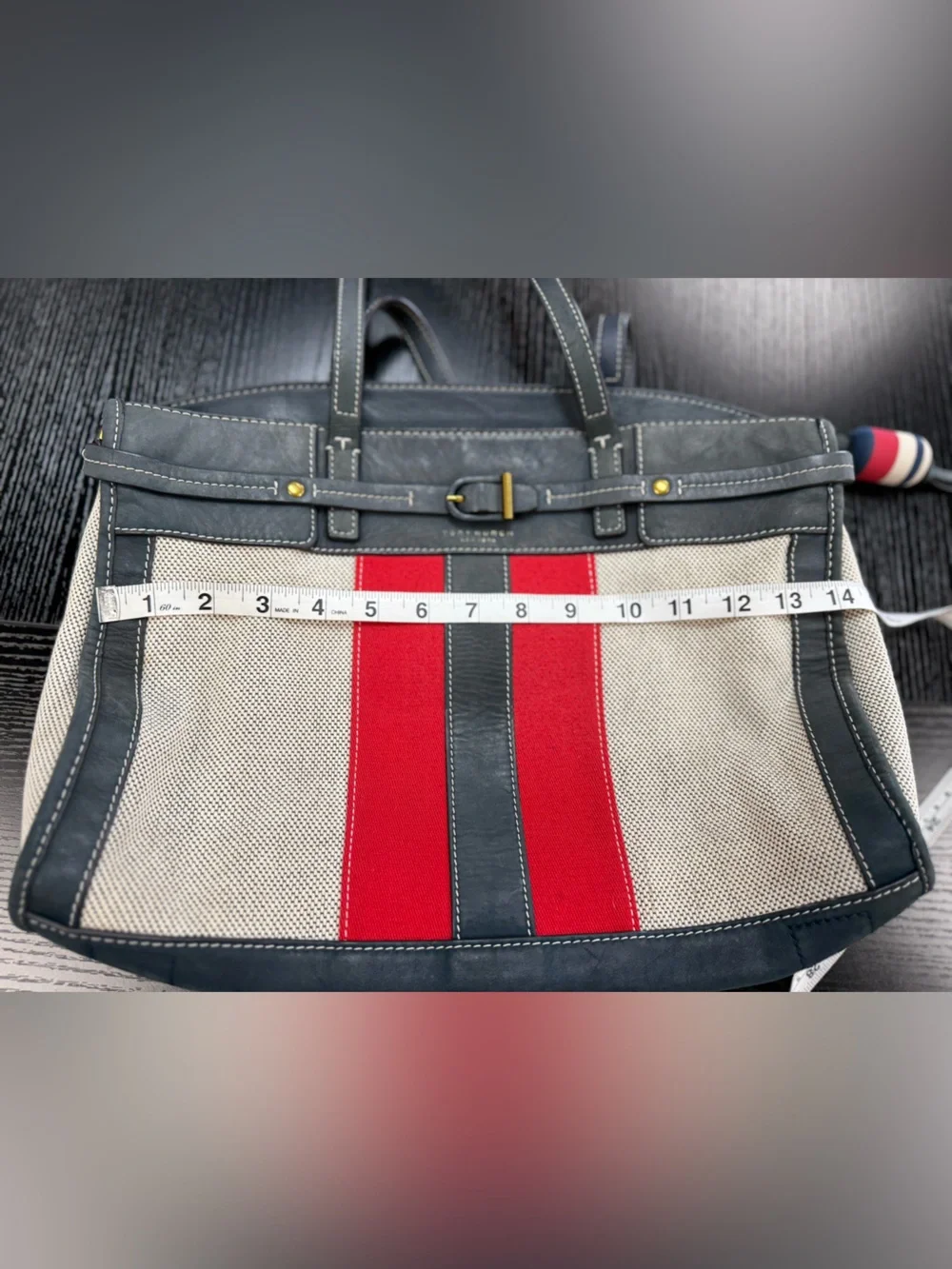Tory Burch Canvas Tote with Red and Navy Stripe Accents nautical boat bag